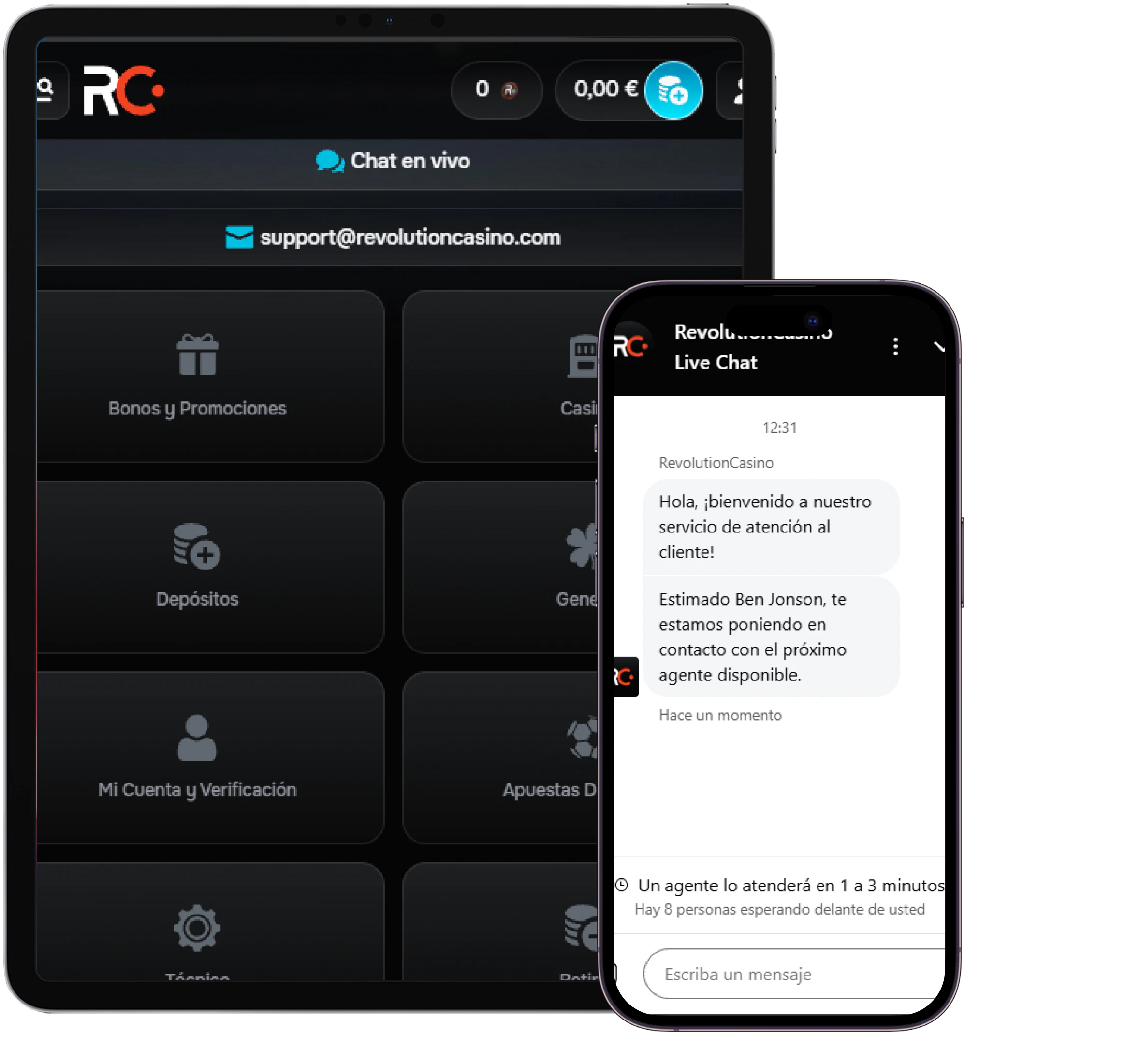 Revolution Casino chat en vivo y atención al cliente